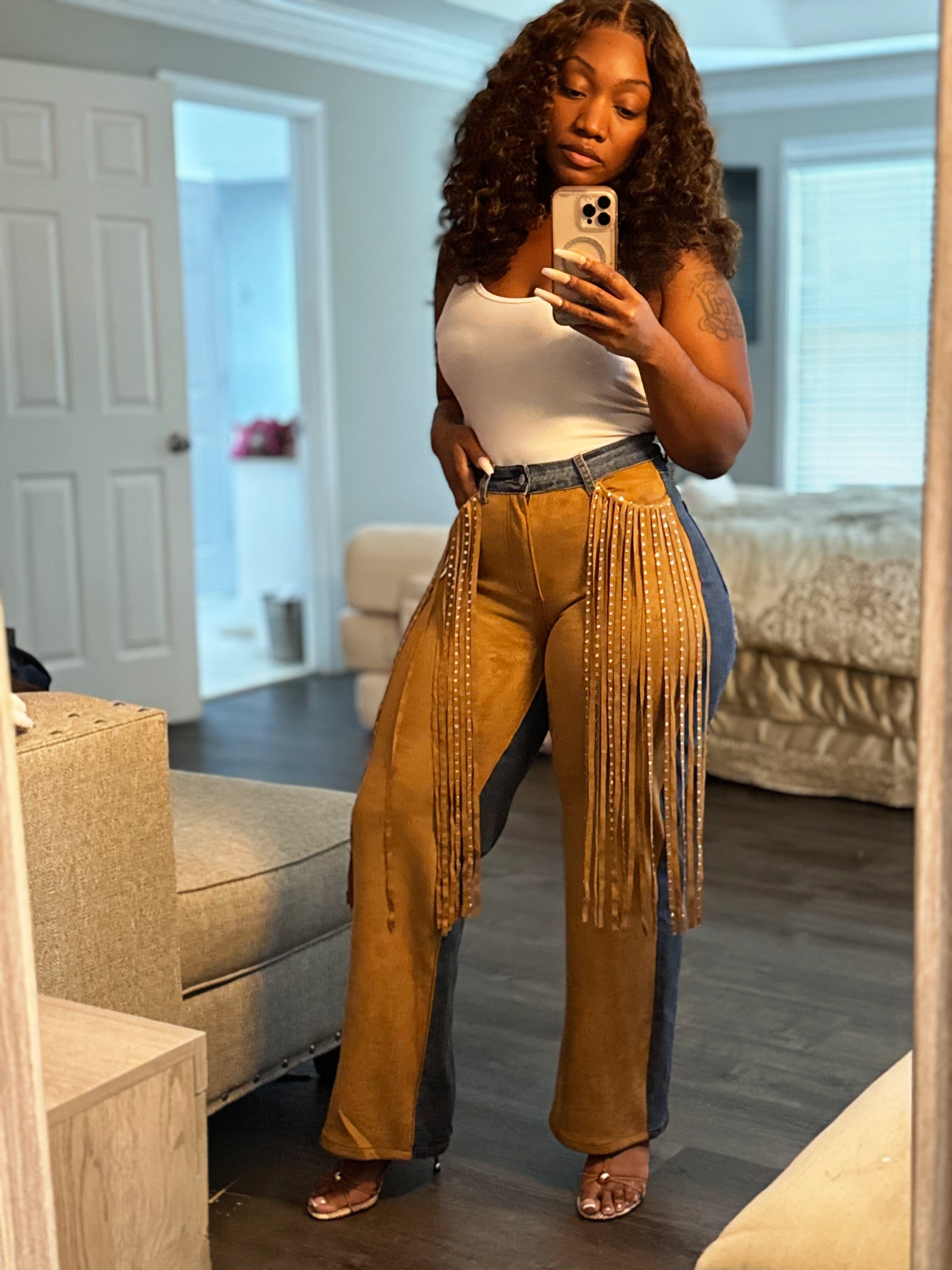 Western Baddie Rhinestone Tassel  Denim