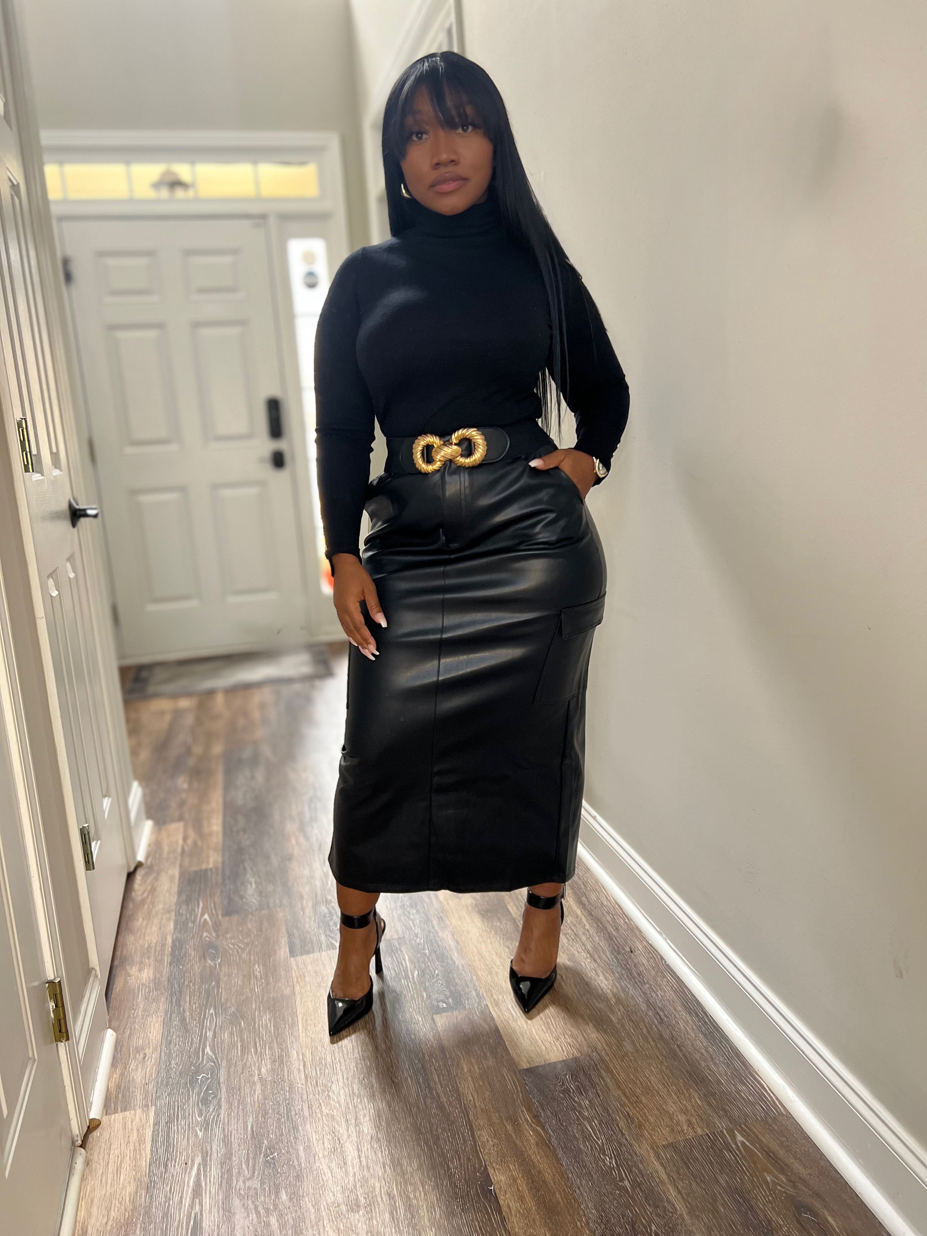 Stalllion Faux Leather Cargo Maxi  Skirt