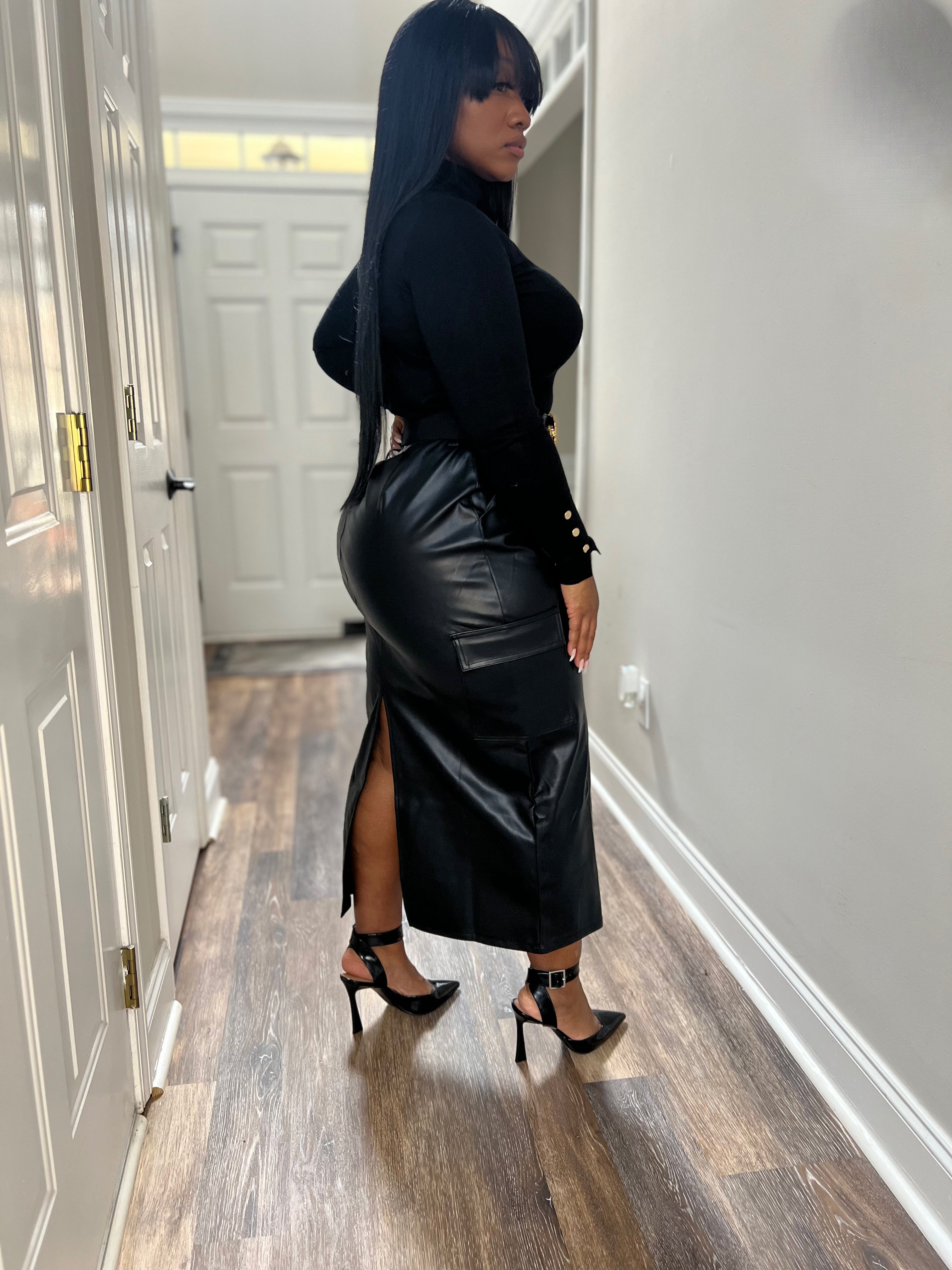 Stalllion Faux Leather Cargo Maxi  Skirt