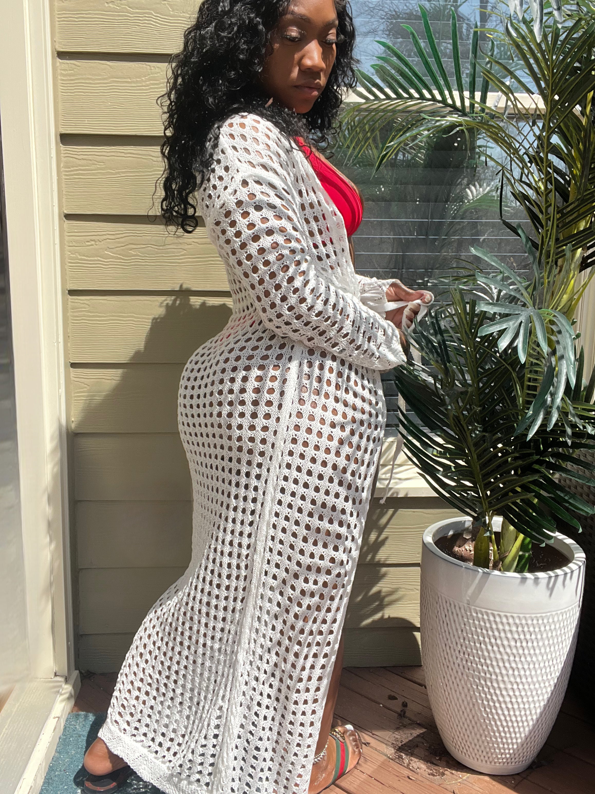 White Crochet Cover-Up Maxi Beach Cardigan