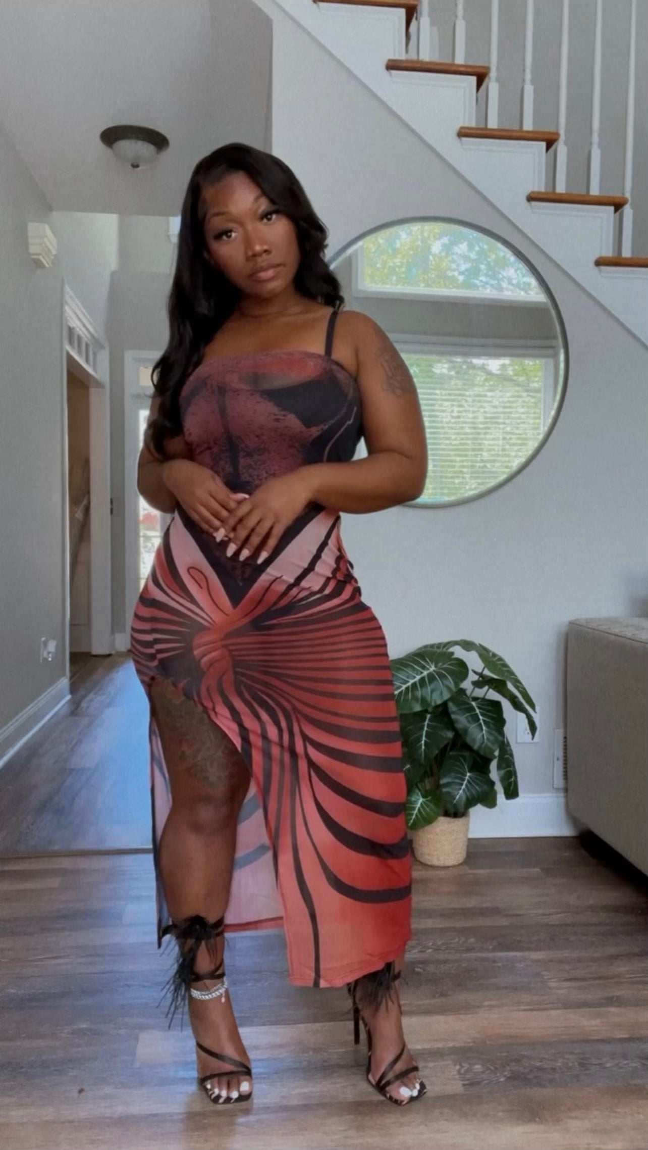 Giving Body Strapless  Graphic Mesh Maxi Dress