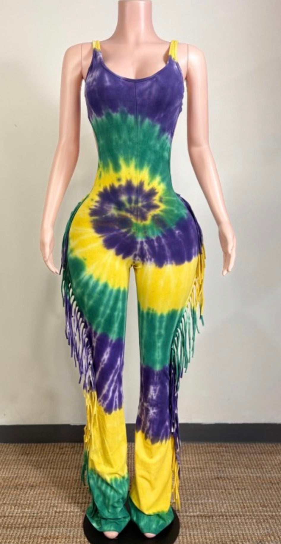 MARDI GRAS 2026 SLEEVELESS FRINGE JUMPSUIT
